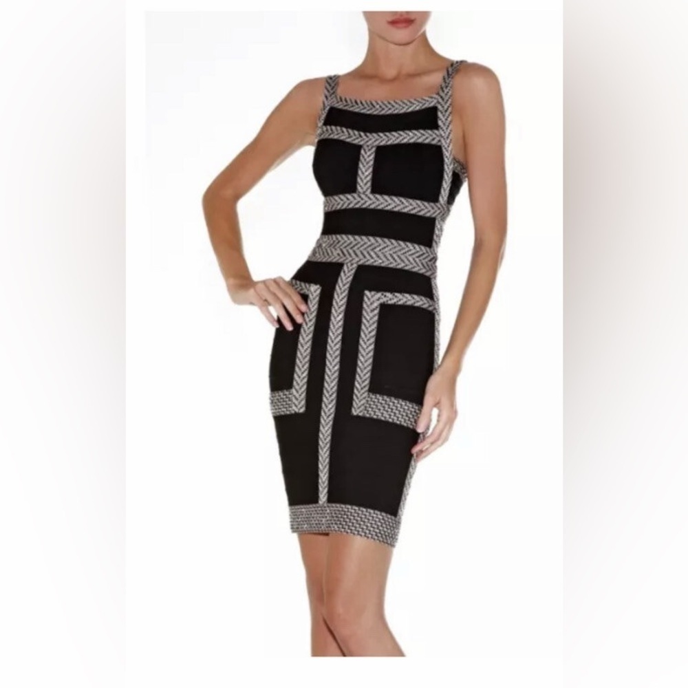 HERVE LEGER Jaylin Bandage Dress Black Beige Jacquard Tweed (105)